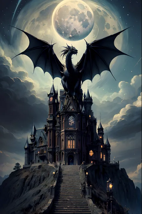 ((without people)) ((nobody)) Vintage Victorian style, Precise vintage encyclopedia (best quality:1.2), (detailed:1.2), (masterpiece:1.2), vintage illustrations of a black gothic medieval european castle on a mountain, windows lights, stars and moon in the...