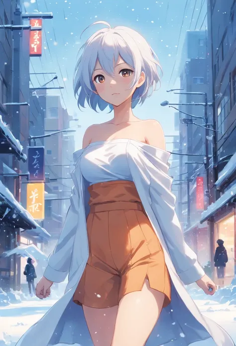 one-girl，White clothes，Off-the-shoulder attire，White hair，Huge breasts，cleavage，，Ice and snow，In the snow，Blizzarding，the street，neonlight，Open navel