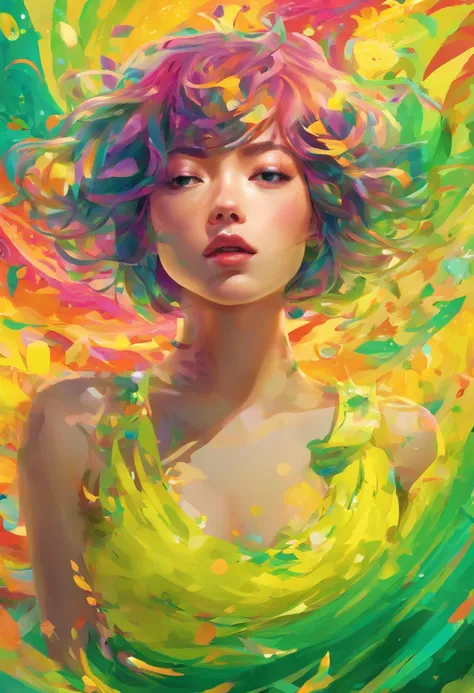 ((top-quality, 8K)), (Realistic), (Face Focus: 1.1), (Yellow and green: 1.3), Kawaii Girl, short-hair, 
Hair fluttering in the wind, Facing to the side, Look up at your face, Eyes closed, (Sleeveless: 1.1)、Skirt, D Cup Breasts,