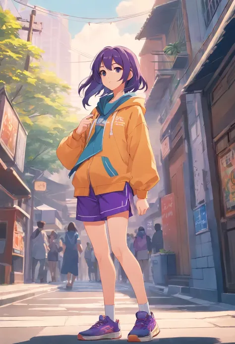 A 16-year-old female anime character named Natalie from Epic Battle Fantasy is pictured posing for a concept art photo. She has long hair and is wearing purple shorts with long, flowing clothes that accentuate her natural pose. The full body concept showca...