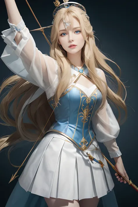 8K，Need，tmasterpiece，high detal，Semi-realistic，1 girl，younger female，19years old，Long blonde hair covered by bangs on the right eye，blue right-eyed，Jewelry Crown，Court-style white gold skirt，slimfigure，archery，Shoot arrows with a bow，Armed with a bow and a...