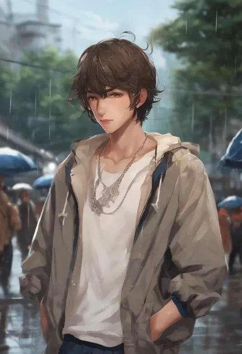 1boy, Jacket, Rain, plein air, Sweatshirt, Open jacket, chain, backpack, Looking At Other, Hair splits in the middle, Tanned skin, Sex of boys, boy focus, Trending in art stations, 8K resolution, Highly detailed, Anatomically correct, Sharp Image, Digital ...