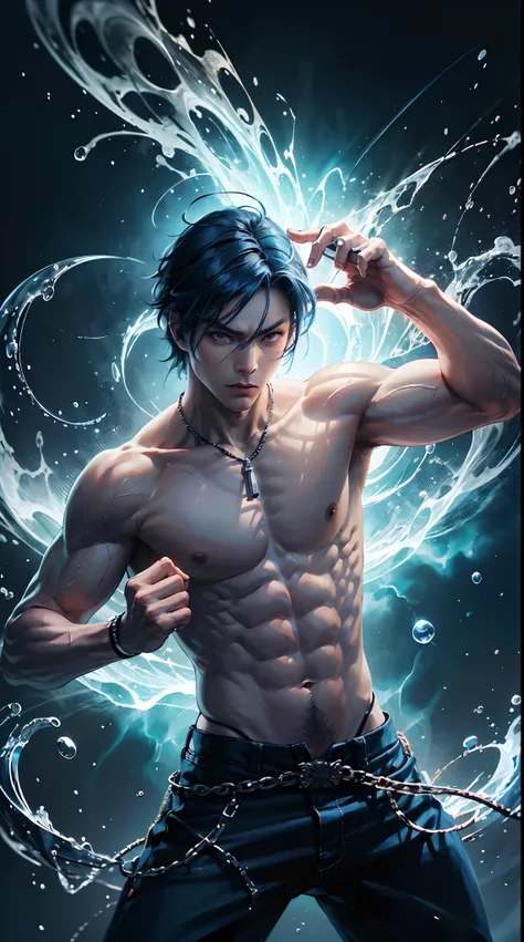 Man with martial arts stance using 10 rings on his hand,Blue hair, old fashioned blue pants with no shirt, badass expression, epic kung fu pose, fire Blue  and rings background.HD lighting and dark )<=(epic image quality)red atmosphere with bright particle...