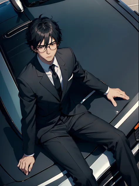 Anime man in black suit and dark glasses sitting on the hood of a car