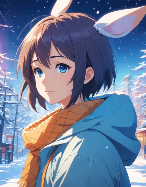 (highres, best quality:1.2), radiance, soft contours, beautiful drawing, upper body, concept art, kyoani haruhi style, detailed background, bright colors, Alien, blue skin, shining eyes, surrealistic background, snow bunny