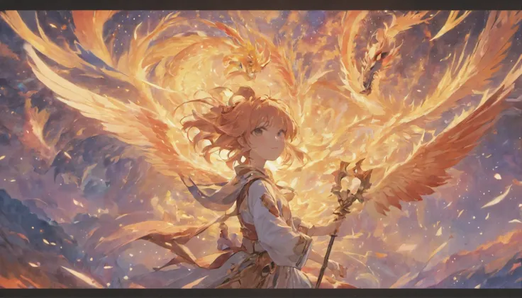 The Chinese White Divine Dragon soared into the air，（Girl manipulates dragons：1.3），（The girl has her back to the camera：1.3），Sky clouds surround the surroundings，Light magic，Fantastic background，Meaning background，Ridiculous background，There are artistic o...