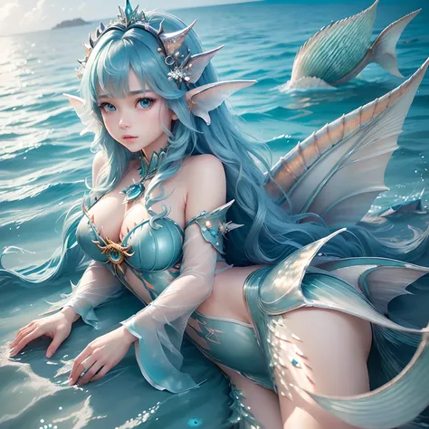 (Best Quality,Ultra-detailed,Realistic:1.37)、Sea Fairy、An 18-year-old woman、Anthropomorphism of the sea、(Sharp eyes:1.5)、Bewitching look、Sea Hair Ornament、(Fairy with fins:1.5)、(Costumes with sea motifs、Emphasis on the characteristics of the sea)、nature sc...