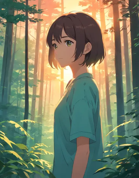 (best quality:1.2, highres), radiance, soft contour, beautiful drawing, girl in the forest, sunset, delicate colors, UFO