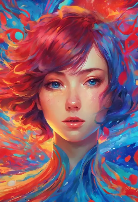 ((top-quality, 8K)), (Realistic), (Face Focus: 1.1), (blue and red: 1.3), Kawaii Girl, short-hair, 
Hair fluttering in the wind, Facing to the side, Look up at your face, Eyes closed, (Sleeveless: 1.1)、Skirt, D Cup Breasts,