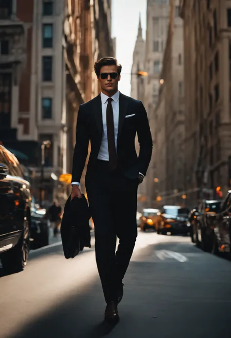 A stylish and sophisticated brown-haired man confidently striding through a bustling city in a sleek black suit.