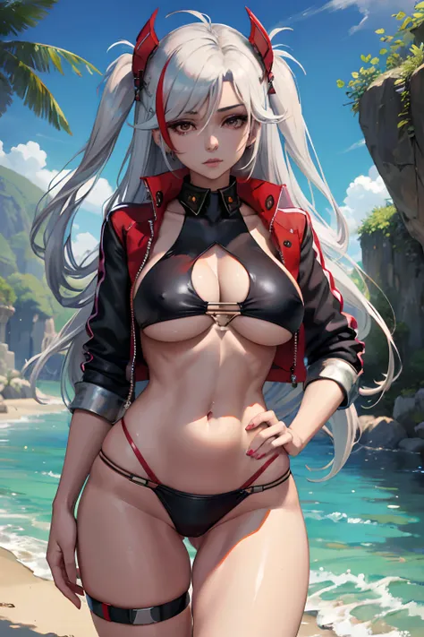 masutepiece, Best Quality, PrinzV4, 1girl in, Solo, Long hair, breasts, Looking at Viewer,Large breasts, Navel, Holding, White hair, Red hair, multicolored hair, Open jacket, striated hair, Black jacket, put hands on the hip, underboob, Headgear, a flag, P...