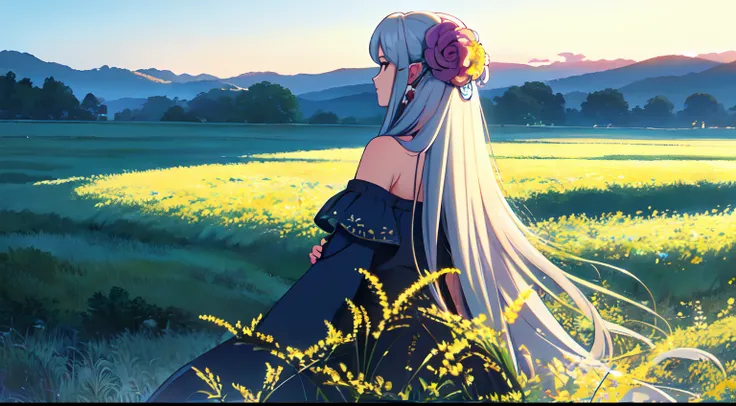 masterpiece, best quality, 1lady, solo, very long white hair, blowing hair, (flowers hair ornament), earrings, night, Vast sky, beautiful skyline, wheat field, fireflies, tree, forest, fantasy, off shoulder blue dress, night scenery, close up, behind view,...