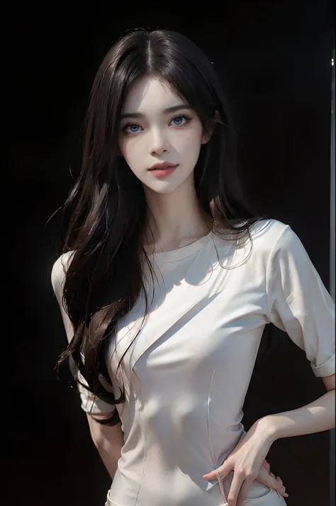 ((4K works))、​masterpiece、(top-quality)、1 beutiful girl、Slim body、tall、((Black Y-shirt and white pants、Attractive streetwear))、(Detailed beautiful eyes)、Midnight Night、((Pitch-black intersection))、Stroll through fashionable intersections、((Face similar to ...