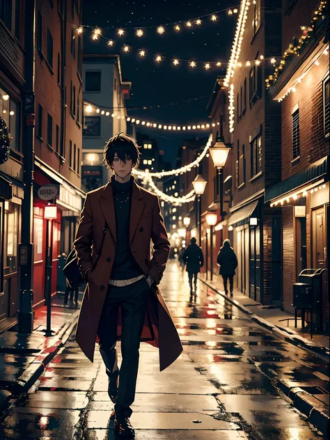 anime guy in a coat, christmas lights, street, snowflakes