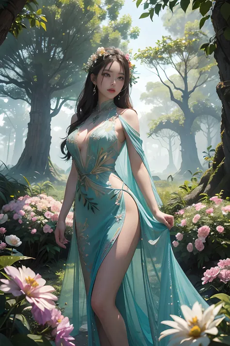 Breathtaking 8K, Masterpiece, Beautiful woman,  (See-through dresses), full bodyesbian, ((In an ancient forest)),((Pangu Big Tree)), ((Flowers and plants)),