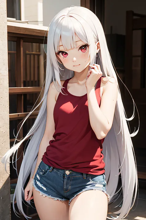 Anime, Cute, Japanese, Kaguya, Long White Hair, Ruby Red Eyes, petite, iphone, tank top, denim shorts