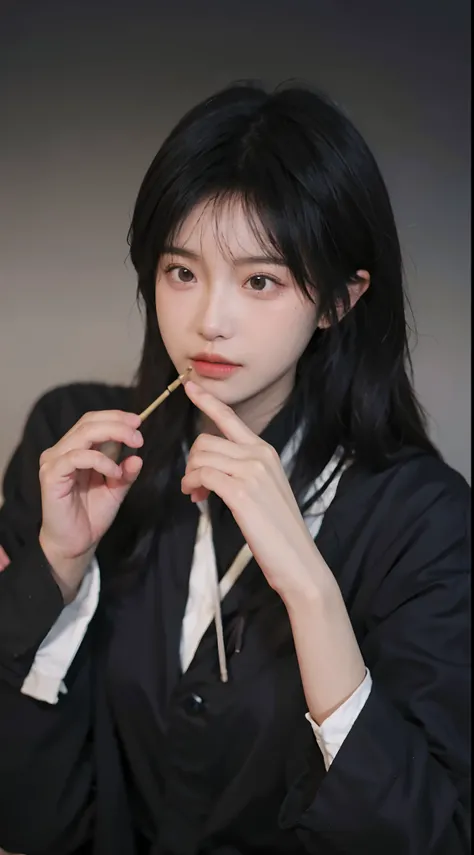 best qualtiy，tmasterpiece，超高分辨率，（realisticlying：1.4），a close up of a woman with long black hair wearing a black dress, Cai Xukun, gorgeous chinese models, Gorgeous young Korean woman, beautiful Korean women, yanjun cheng, Xianxia, full-body xianxia, xinton...