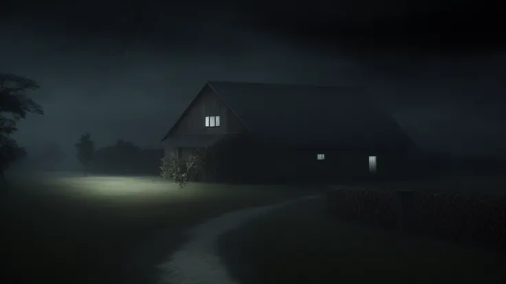 Casa Arafed no escuro com um caminho que leva a ela, inspirado em Gregory Crewdson, arte conceitual escura fotorrealista, atmospheric eerie lighting, Arte digital escura, mas detalhada, creepy and dramatic atmosphere, foreboding and eerie lighting, eerie l...