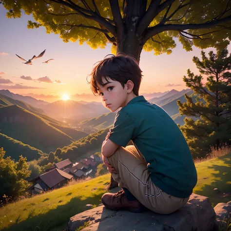 Sunset, peococks on trees, mountains, birds, greenery, a boy , sitting on grass, in 4k look