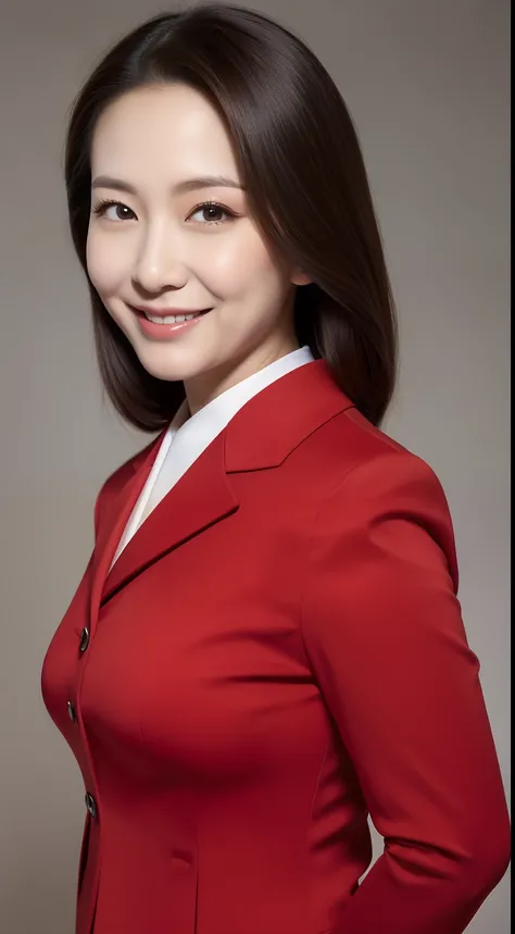 Masterpiece,Best quality, (maam. clerk:1), ((Portrait:1.3)), Cross arms， Smile，Red professional attire，Long legs，skin hyper-detail，Clear pores，in a panoramic view，Cocked buttocks，black lence stockings，Beautiful young Japanese woman over 40 years old,  Perf...