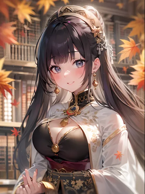 masterpiece, best quality, ultra-detailed, extremely detailed, 4K, 8K, best quality, beautiful, library, autumn, a pretty woman, solo, ethnic costume, beautiful black hair, beautiful black eyes, ahoge,huge chest, light smile, sparkling effect