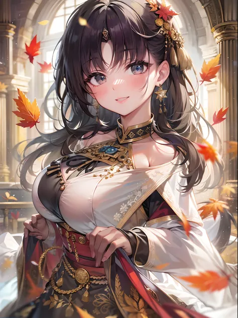 masterpiece, best quality, ultra-detailed, extremely detailed, 4K, 8K, best quality, beautiful, library, autumn, a pretty woman, solo, ethnic costume, beautiful black hair, beautiful black eyes, ahoge,huge chest, light smile, sparkling effect