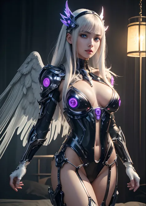 top-quality、​masterpiece、超A high resolution、(Photorealsitic:1.4)、Raw photo、Battle Cyborg Angel、large wings made of metal、White porcelain body、Acrylic Clear Cover、white  hair、glowy skin、1 Cyborg Girl、((super realistic details))、portlate、globalillumination、S...