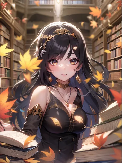 masutepiece, Best Quality, Ultra-detailed, Extremely detailed, 4K, 8K, Best Quality, Beautiful, Library, Autumn, Pretty women, Solo, Goddess of Art, Beautiful black hair, Beautiful black eyes, Ahoge,(huge-breasted:1.2), lightsmile, sparkling effect