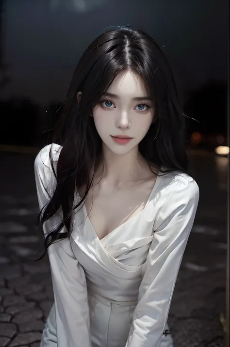 ((4K works))、​masterpiece、(top-quality)、1 beutiful girl、Slim body、tall、((Black Y-shirt and white pants、Charming street style))、(Detailed beautiful eyes)、Midnight Night、((Pitch-black intersection))、Stroll through fashionable intersections、((Face similar to ...