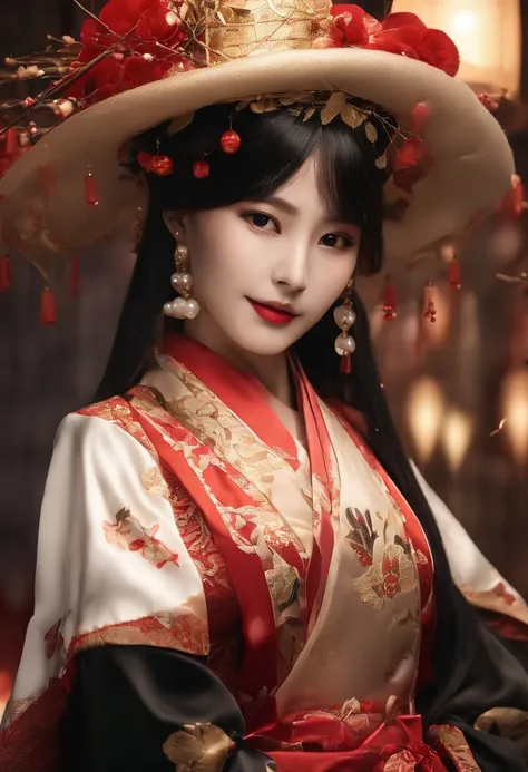 ​masterpiece、top-quality、(pureerosface:2.0)、(1人の女性)、19 year old sexy Korean 1 girl、A dark-haired、parted hair、Straight short hair、Medium size breasts、(large hat:1.2)、shrine maiden clothe、the witch、female mage、Hair fluttering in the wind、(No paint on the fac...