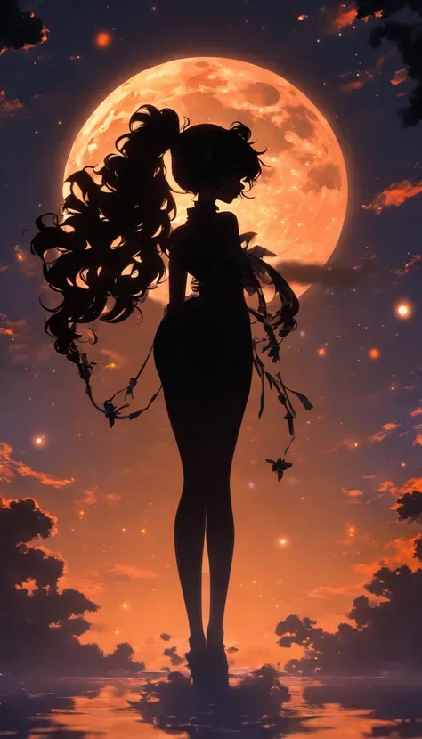 (Silhouette art,)(hmjupiter),High ponytail,tie hair,
(((arte em papel cortado,A world where only black exists:1.3)，
(Full body shot),1lady,Solo,willowy body,Slim body,
(JK,profile:1.2),White,Moonlight,The moon behind,Delicate legs,Delicate legs,Extremely l...