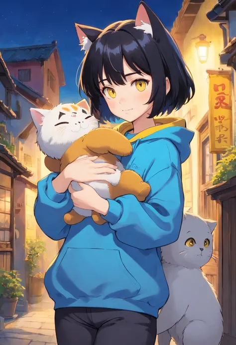 Cat Girl, black short hair, white bangs, Yellow eyes, blue sweatshirt, gray pants, Black Tail, holding a teddy bear in his hands