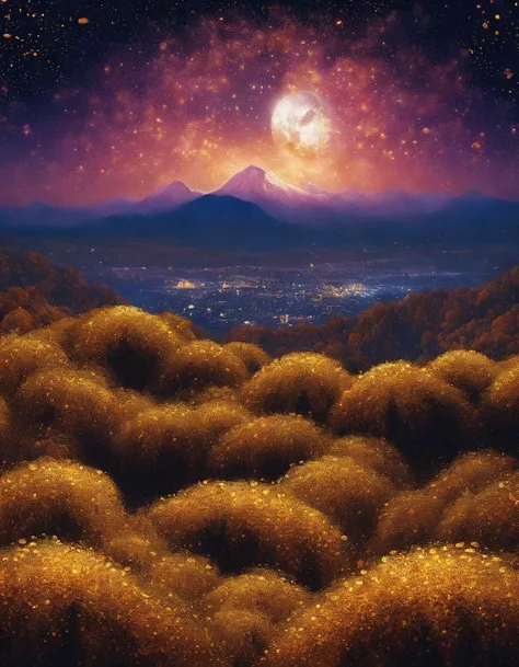 (highres, best quality:1.2), radiance, soft contours, mountain of gold coins, bright pleasant glow, full moon