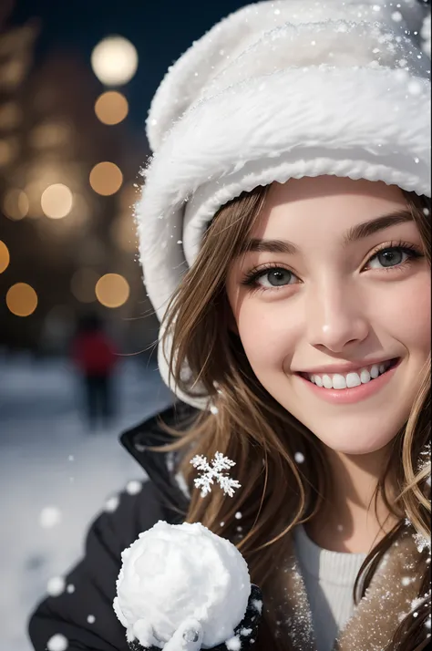 RAW photo, award winning portrait of 20yo american girl, beautiful, big smile, black eyes, throwing snowball behind a car, winter, snow in the street, winter coat and hat, dark blonde hair, outside, central park at night, (high detailed skin:1.2),8k uhd,ds...