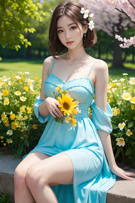 Breathtaking 8K, Masterpiece, Beautiful woman,  (Spring dress), full bodyesbian, ((springtime)),Rich background，Vibrant，Flowers，