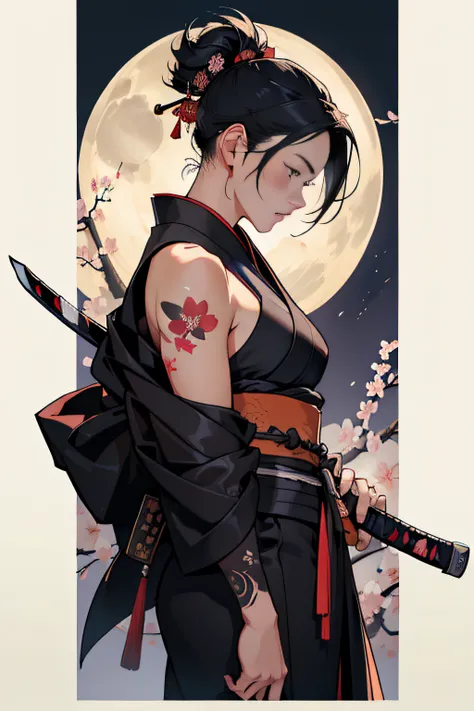 (Masterpiece, Best Quality), 8k Wallpaper, highly detailed, sexy female ronin, samurai, cherry blossom flowers border, japanese tattoos,  katana, japan, night, moonlight, vector style art, erotic, movie poster style, lettering.