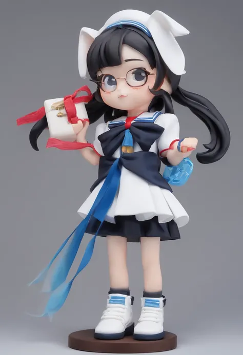 ((1girl)), solo, (black short hair girl), black eyes, ((seifuku uniform with white short sleeves shirt, blue sailor collar with red bow, blue skirt, white thigh high, black shoes)), ((wear kitsune mask)), clay material, cartoonish design style, pop mart, s...