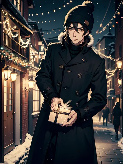 Anime handsome guy in black coat, Christmas lights, street, snowflakes, beanie, knitted things