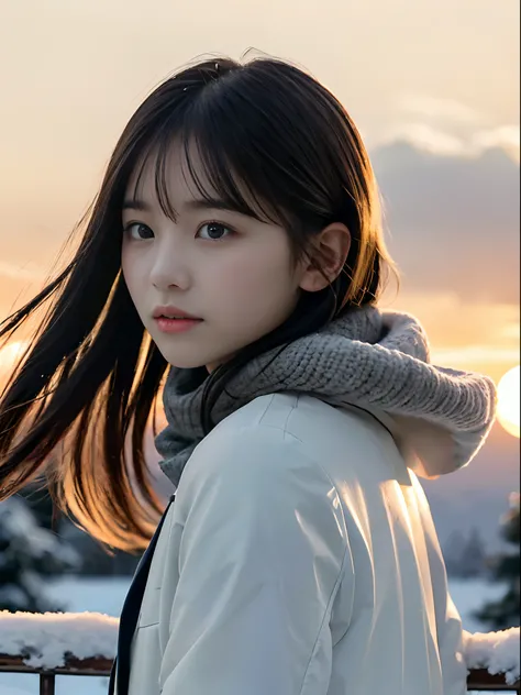 (Close up portrait of slender girl with long hair with dull bang in winter uniform with white winter coat and gray scarfs :1.5)、(The girl looks back with a lonely face:1.5)、(Girls hair fluttering in the wind:1.5)、(Big sunset red sky covered with beautiful ...