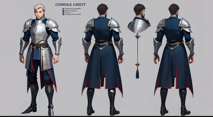 Character sheet, male, knight, full body, medieval armor, medieval, side view, front view, back view, highly detailed, 8k, 4k, high resolution, detailed face