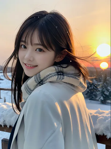 (a close-up portrait of one slender girl has long hair with dull bangs  in winter uniform with white winter coat and a gray scar...