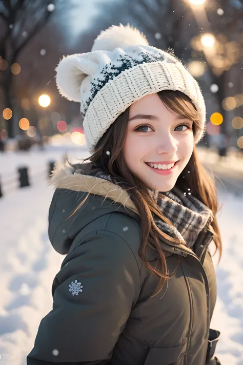 RAW photo, award winning portrait of 20yo american girl, beautiful, big smile, black eyes, throwing snowball behind a car, winter, snow in the street, winter coat and hat, dark blonde hair, outside, central park at night, (high detailed skin:1.2),8k uhd,ds...