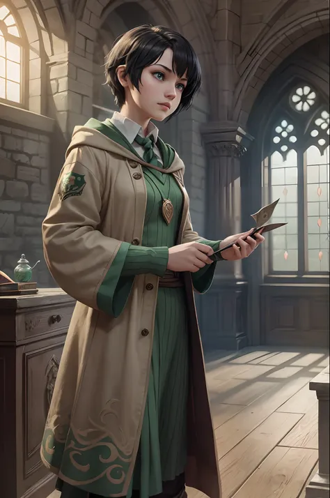 1 girl short medium black hair, 1 boy, in a room filled of light, medium shot of two characters, two characters, in hogwarts, hogwarts style, dressed with fluent clothes, with two characters, both wearing hogwarts robes, slytherin robes, from bravely defau...