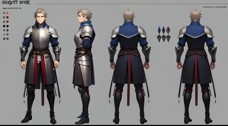 Character sheet, male, knight, full body, medieval armor, medieval, side view, front view, back view, highly detailed, 8k, 4k, high resolution, detailed face