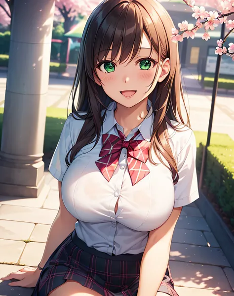 ((masutepiece, Best Quality, hight resolution, nffsw, Perfect Pixel, depth of fields, 4K, nffsw, nffsw))), 1girl in, Single, Solo, Beautiful anime girl, Beautiful Art Style, Anime Character, ((Long hair, Bangs, Brown hair, Curly hair:0.8)), ((Green eyes:1....