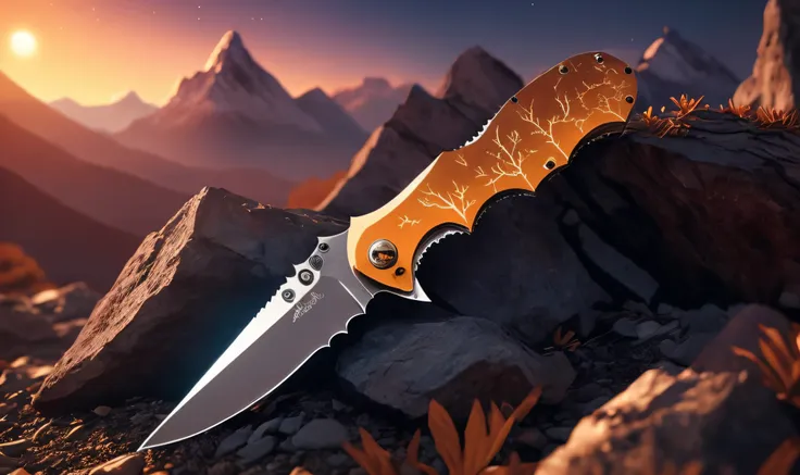 Thick layered papercut art of Semi-Abstract knife, folding knife implanted into ground, shining object, Amber sky, distant mountains by sylvain sarrailh, rossdraws, ambient light, ultra detailed, fantasy artwork, 8k, volumetric lighting, trending on artsta...