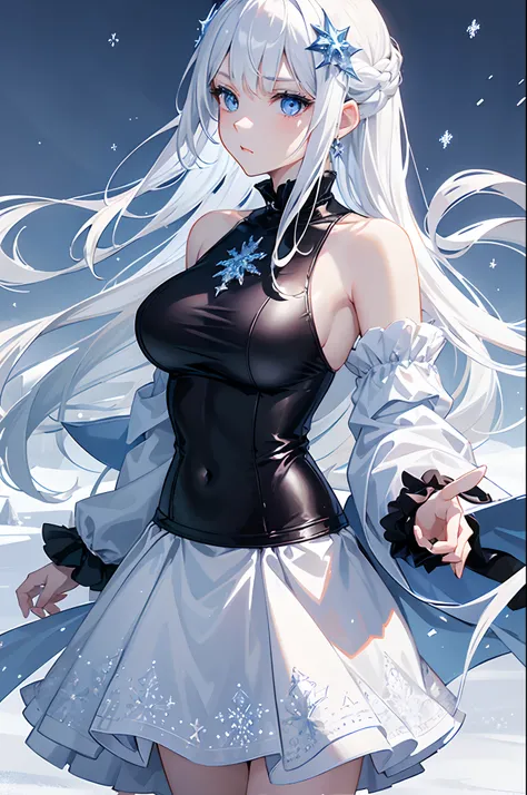 masterpiece, highlydetailed, ultra-detailed, cold, solo, (1girl), (pale skin), icyblue eyes, frosty white hair, cool Chara, flat face, young lady, lady chara, medium boobs, Arrogant, confident, cold face, goddess, cool kuudere girl, sharp eyes, (snowy back...