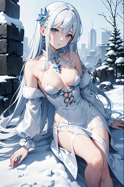 masterpiece, highlydetailed, ultra-detailed, cold, solo, (1girl), (pale skin), icyblue eyes, frosty white hair, cool Chara, flat face, young lady, lady chara, medium boobs, Arrogant, confident, cold face, goddess, cool kuudere girl, sharp eyes, (snowy back...