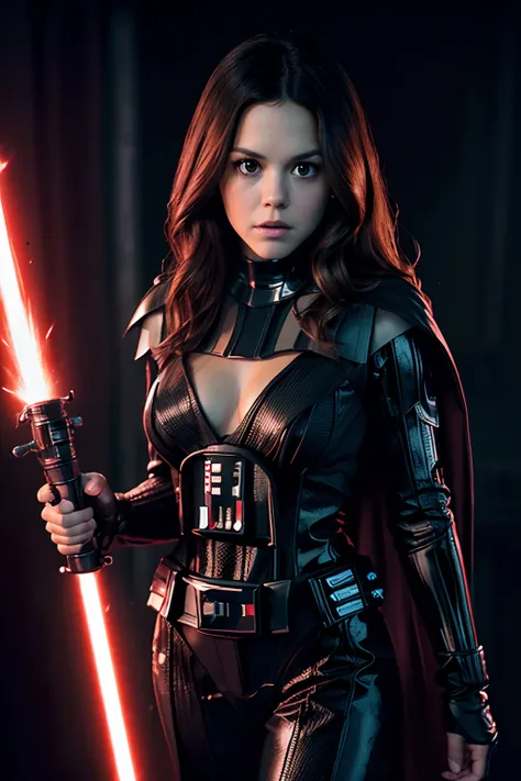 ((rachel bilson as darth vader in starwars, movie scene, holding red color lightsaber, wearing darth vader armor, show face)), (...