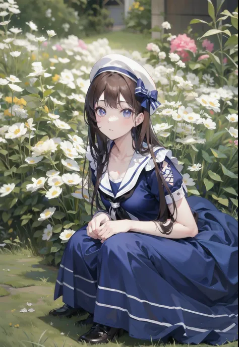 a close up of a girl in a dress and hat sitting in a field of flowers, brown hair, sailor uniform, loose coat collar sailor uniform, anime girl cosplay, anime girl in real life, cosplay of a catboy! maid! dress, anime cosplay, portrait of magical lolita gi...